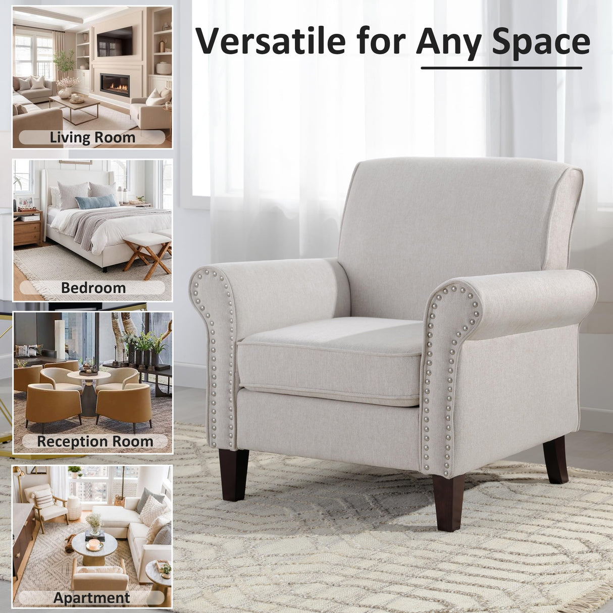 PrimeZone Comfy Accent Chair, Mid-Century Modern Fabric Living Room Chair Reading Chair with Soft Cushion, Nailhead Trim & Rolled Armrest, Arm Chair Sofa Chair for Bedroom Waiting Room Office, Beige PrimeZone