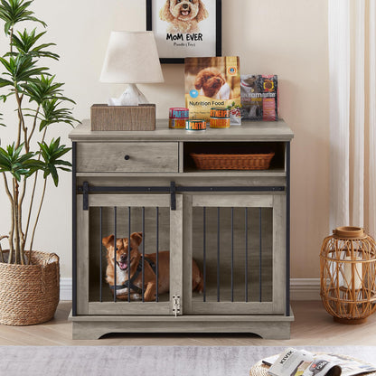 Furniture Style Large Dog Crate End Table with Drawer, Pet Kennels with Double Doors, Corner Dog Crate Furniture,Decorative Pet Crates Dog House Indoor for Dogs （Grey, 35inch）