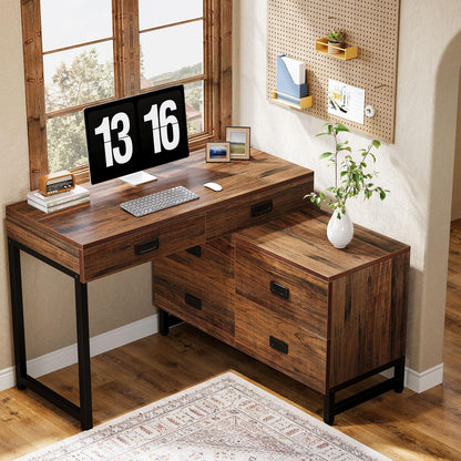 Tribesigns Computer Desk with 6 Drawers, Large L-Shaped Vanity Desk with 4-Drawer Cabinet, Industrial Wood Writing Desk Study Work Table for Home Office, Rustic Brown - WoodArtSupply