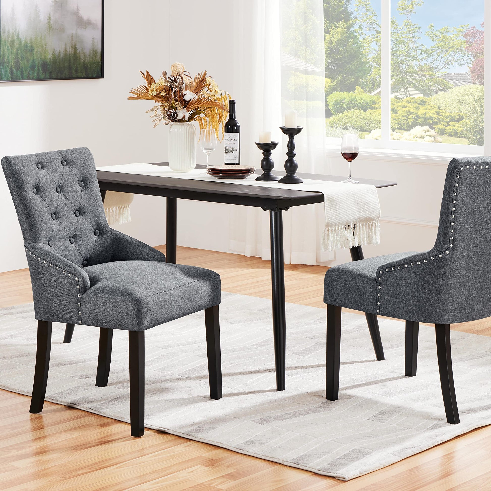 Yaheetech Dining Chairs Upholstered Dining Chairs Tufted Dining Room Chairs Fabric Side Chairs with Nailhead Trim and Solid Wood Legs for Dining Room, Kitchen, Living Room, Set of 2, Gray - WoodArtSupply