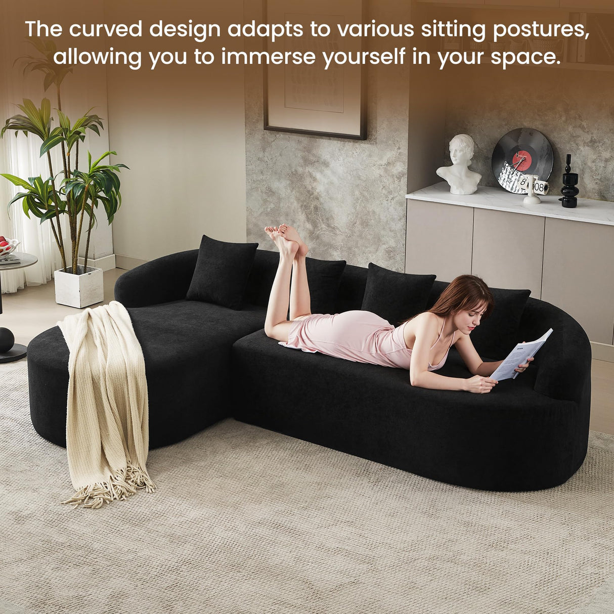 Boneless L Shaped Sofa Couch, Oversized Sectional Curved Cloud Sofa with Chaise Lounge, Chenille 4 Seats Deep Seat Couches for Living Room, No Assembly, Black Hatppto