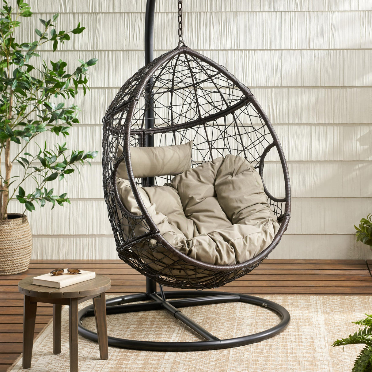 Outdoor Hanging Egg Chair, Patio Wicker Swing Egg Basket, Wicker Hammock Chair, Rattan Basket Hanging Chairs Without Stand(Only Basket, NOT Include a Hanging Stand), Khaki + Brown Ziraukon