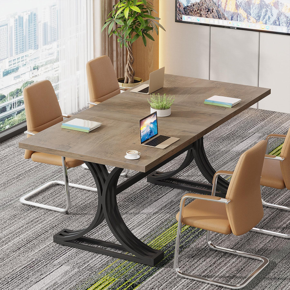 Tribesigns 5FT Conference Table for 4 to 6, 63" W x 31.5" D Modern Meeting Table with Trestle Legs, Grey and Black Business Seminar Tables for Home Office (Grey+Black) Tribesigns