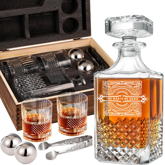 XmanKing Whiskey Decanter, Decanter Sets for Men, Whiskey Glasses, Stainless Steel Whiskey Stones and Tongs with Wooden Gift Box, Father's Day Gifts for Dad, Retirement Birthday Gifts for Men