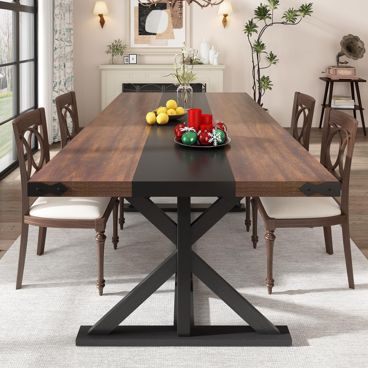 Hlivelood 71 Inch Dining Table for 6 People, Rectangular Kitchen Farmhouse Table W/Thickness Waterproof Wood Tabletop,Long Dining Room Tables W/Wood Strip Base for Kitchen Living Room(Brown&Black) Hlivelood