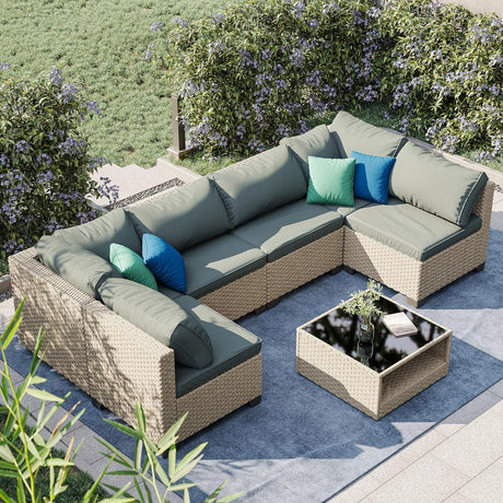Aug-guan Patio Furniture Set 7-Piece, All-Weather Outdoor Conversation Set Sectional Sofa with Water Resistant Grey Thick Cushions and Coffee Table（Grey） Aug-guan
