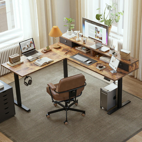 Agilestic L Shaped Electric Standing Desk with 2 Drawers, 63 Inch Ergonomic Adjustable Height Desk with Storage, Corner Desk Sit Stand up Computer Table for Work Office Home, Rustic Brown Agilestic