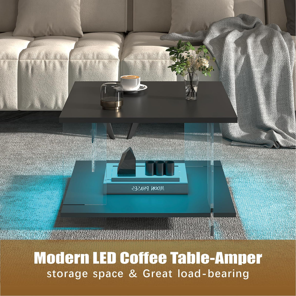 HedoAjim 24" Acrylic Coffee Table with Black Wood Tabletop, Minimalist Stylish Modern Square Center Table for Living Room,Led Living Room Table with Storage Shelf & Acrylic Frame for Small Space HedoAjim