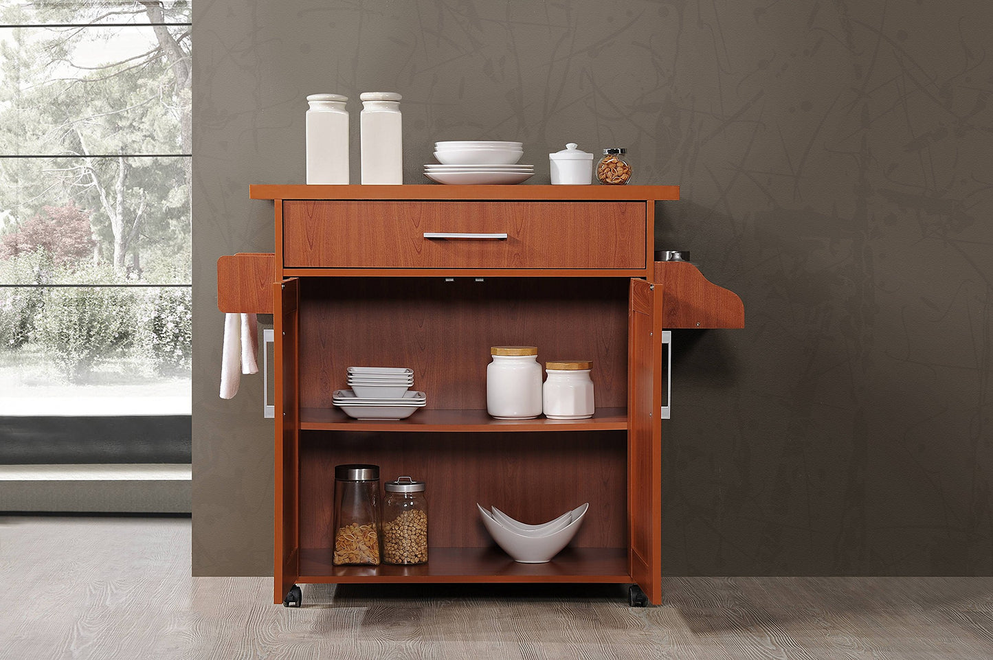 Hodedah Kitchen Island with Spice Rack, Towel Rack & Drawer, Cherry