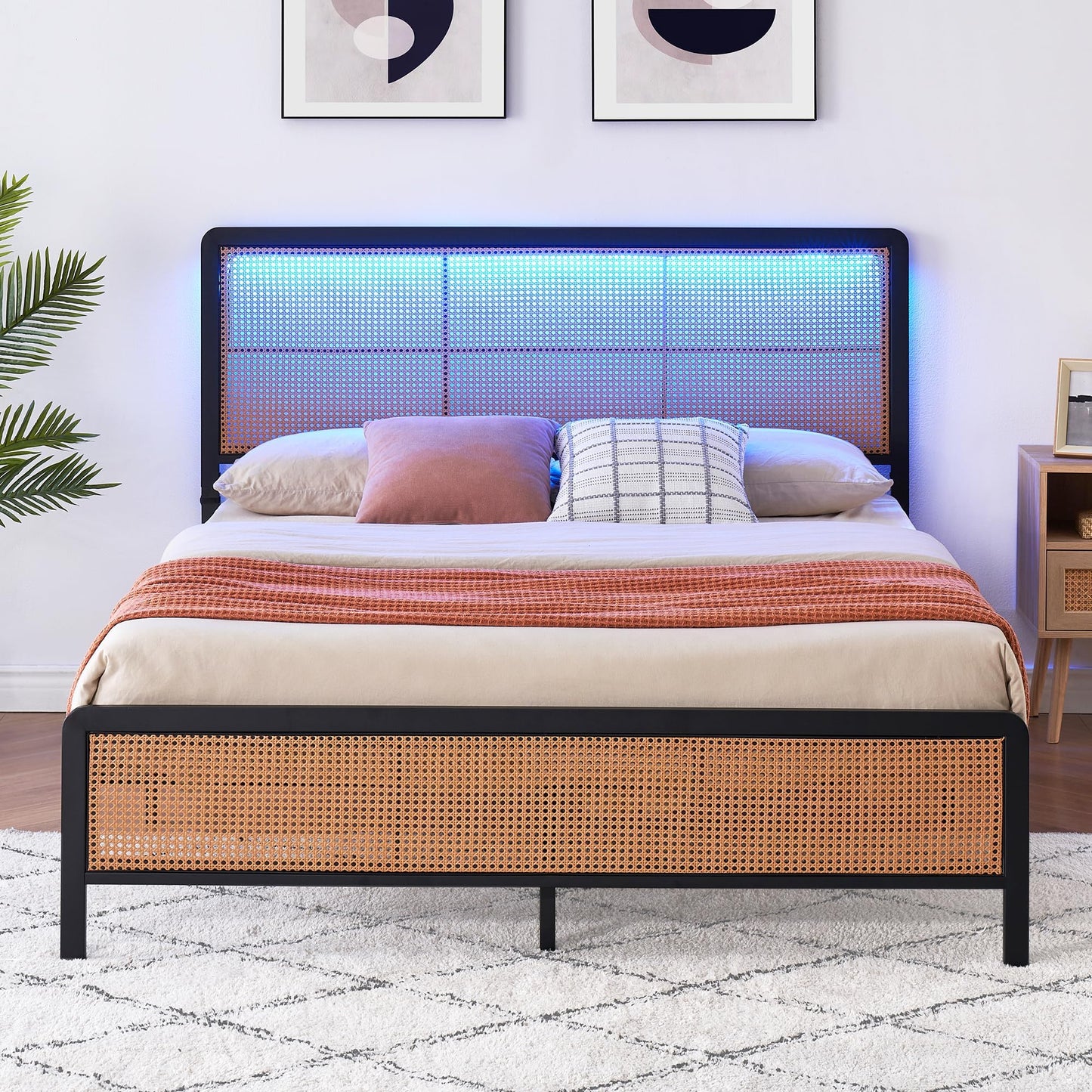 GAOMON Modern Queen Bed Frame with LED Light Headboard,Rattan Platform Bed Frame with Heavy Steel Strip Support,No Box Spring Needed,Noise Free - WoodArtSupply