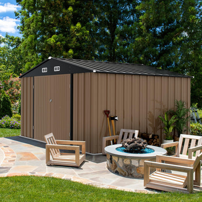 Devoko 8 x 10 FT Outdoor Storage Shed, Metal Garden Sheds & Outdoor Storage Clearance, Large Tool Shed Outdoor with Single Lockable Door for Patio Lawn Backyard (Brown)