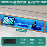 DWVO Queen Size Corduroy Upholstered Platform Bed Frame with Charging Station and RGB LED Lights, 53’’ Tall Storage Wingback Headboard, No Box Spring Needed, Easy Assembly, Noise-Free, White DWVO