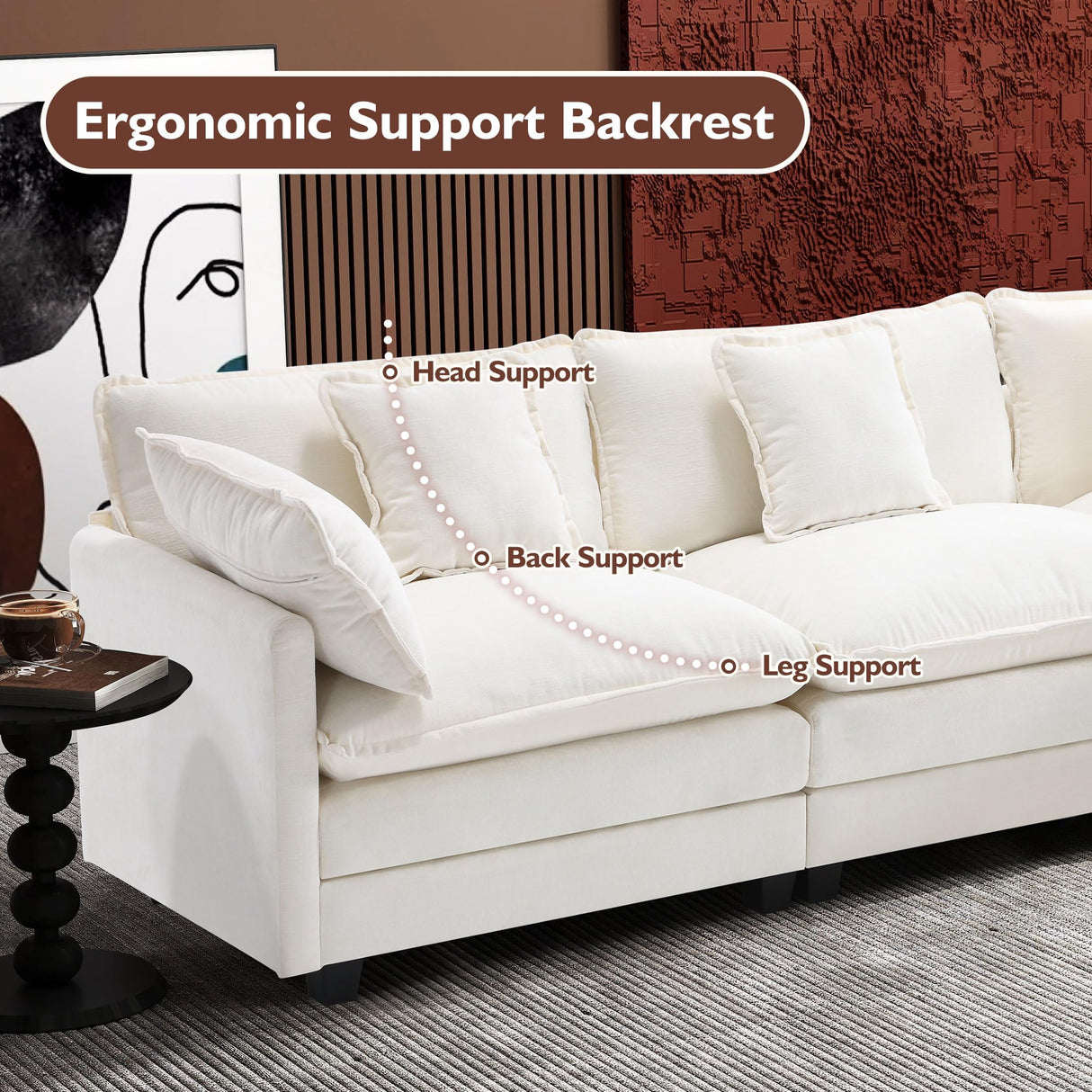 Ihanherry 111.4" L Shaped Modern Sofa Modular Sectional Cloud Couch with Ottoman, 4-Seat Chenille Deep Seat Sofa with Pillow for Living Room, Bedroom and Apartment, Beige Ihanherry