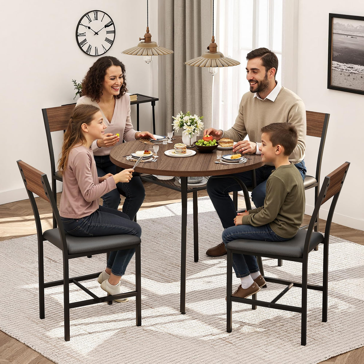 Pamapic Round Dining Table Set for 4, Kitchen Table and Chairs for 4, Dining Room Circle Dinner Pedestal Table, Solid Metal Frame,Space Saving Wood Kitchen & Dining Room Furniture,Walnut Pamapic
