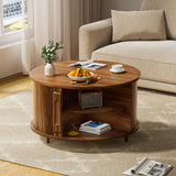YKVIQBY Round Lift Top Coffee Table, 31.5" Fluted Wood Accent Coffee Table with 180° Curved Sliding Door, Hidden Storage, Mid Century Modern Center Table for Living Room Office Small Spaces, Walnut YKVIQBY