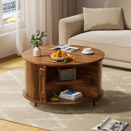 YKVIQBY Round Lift Top Coffee Table, 31.5" Fluted Wood Accent Coffee Table with 180° Curved Sliding Door, Hidden Storage, Mid Century Modern Center Table for Living Room Office Small Spaces, Walnut YKVIQBY