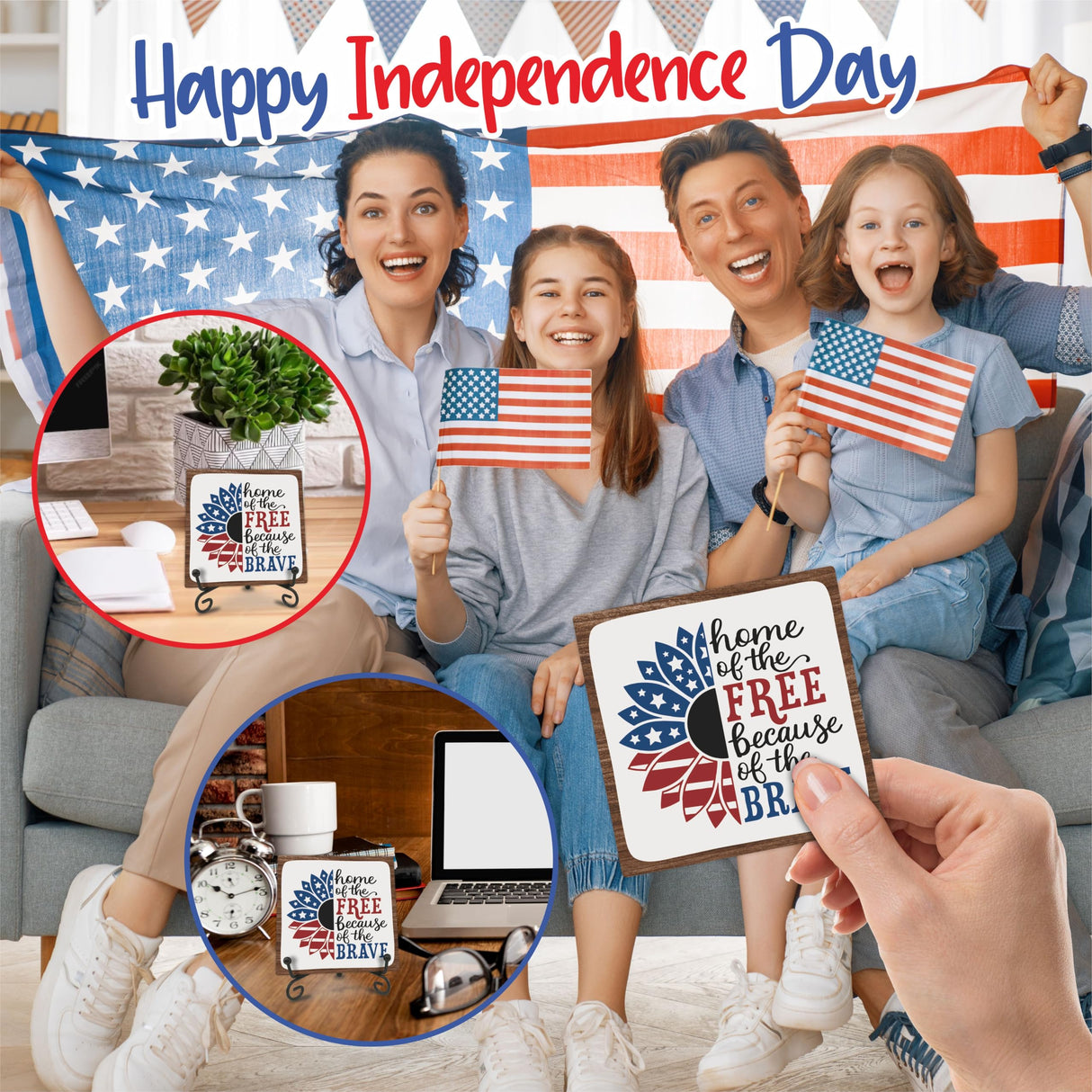 July 4th Petals Wood Plaque With Iron Stand - Home Of The Free Because Of The Brave - 4"x4" Wooden Block Sign, Patriotic Desk Signs, Shelf & Tabletop Decorations, America Memorial Day Supplies - E06 Cudwid