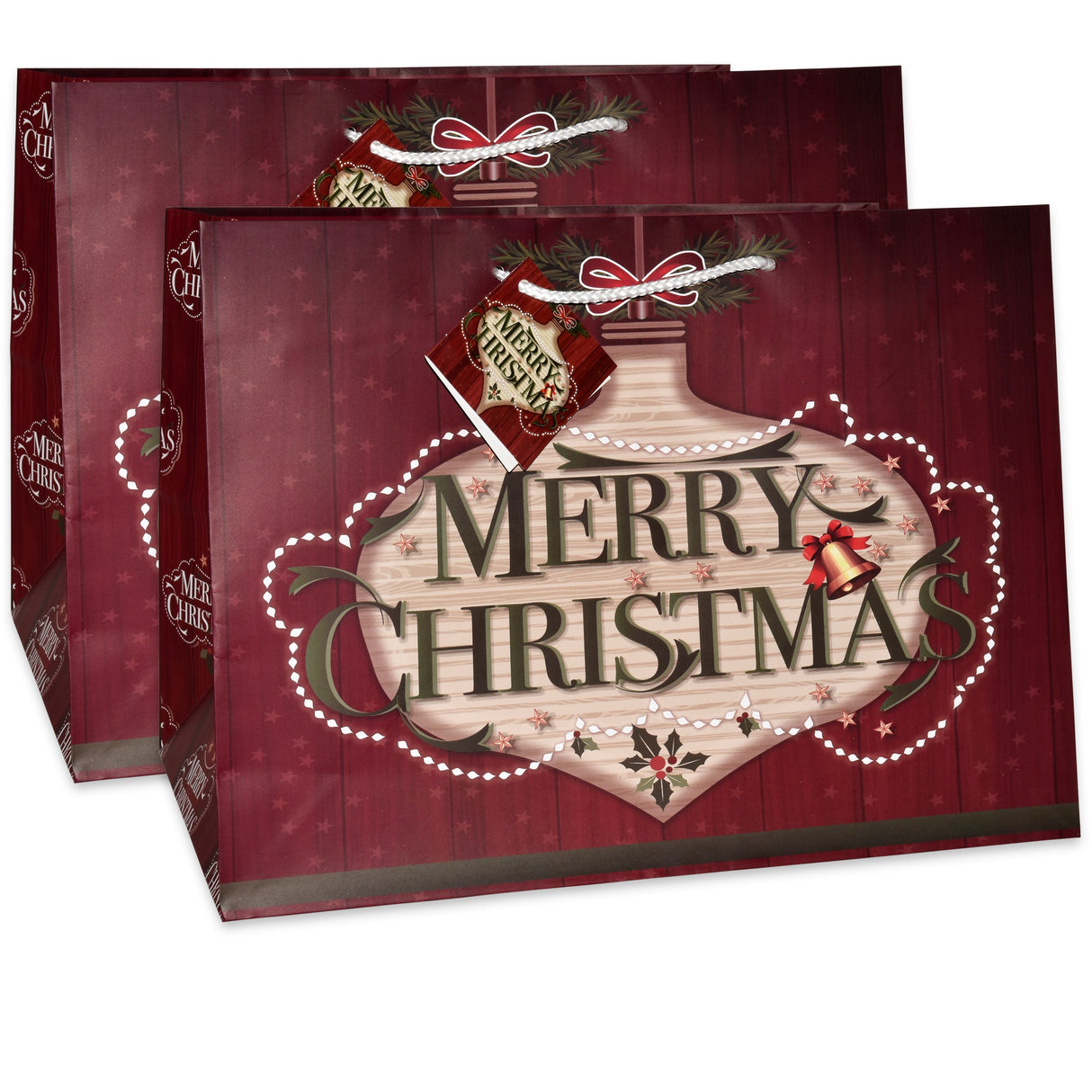 Gift Boutique 12 Jumbo Christmas Tote Bags with Handles 15" Wide X 11" High X 11" Deep Extra Wide Large Giant Reusable Grocery Shopping Paper Bags Big Gusset for Food Cookie Container & Foil Tin Pan Gift Boutique