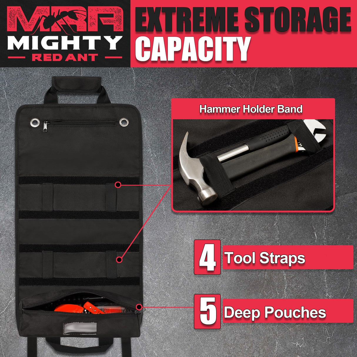 Mighty Red Ant Tool Roll - Tool Bags | Roll Up Tool Bag | Tool Bag Organizer | Tool Roll Up Bag W/5 Large Pouches | Tool Roll Bag for Men | Rolling Tool Bag | Gifts for Dad | Heavy Duty Tool Bag Mighty Red Ant