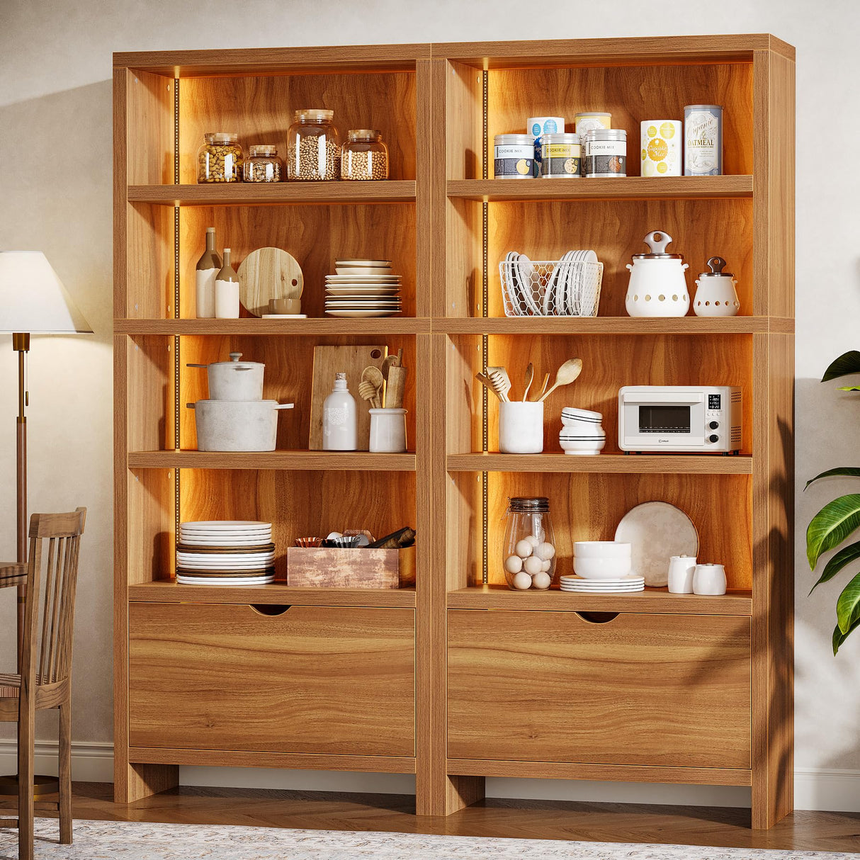 Tribesigns 70.9" Tall Bookshelf with File Drawer, Farmhouse 5-Tier Bookcase with LED Lights, Wooden Open Display Shelf Organizer for Living Room & Bedroom & Home Office (Walnut) Tribesigns