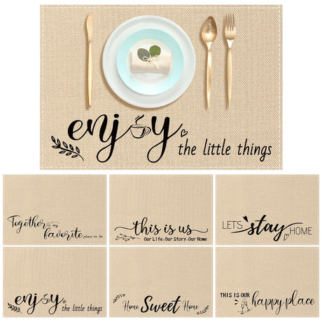 Farmhouse Placemats Set of 6 Linen Placemats 18x12'' Rustic Table Mats with Sayings Housewarming Gifts Country Tablemats Washable Cloth Place Mats for Farmhouse Table Setting(Khaki) Hahafelt