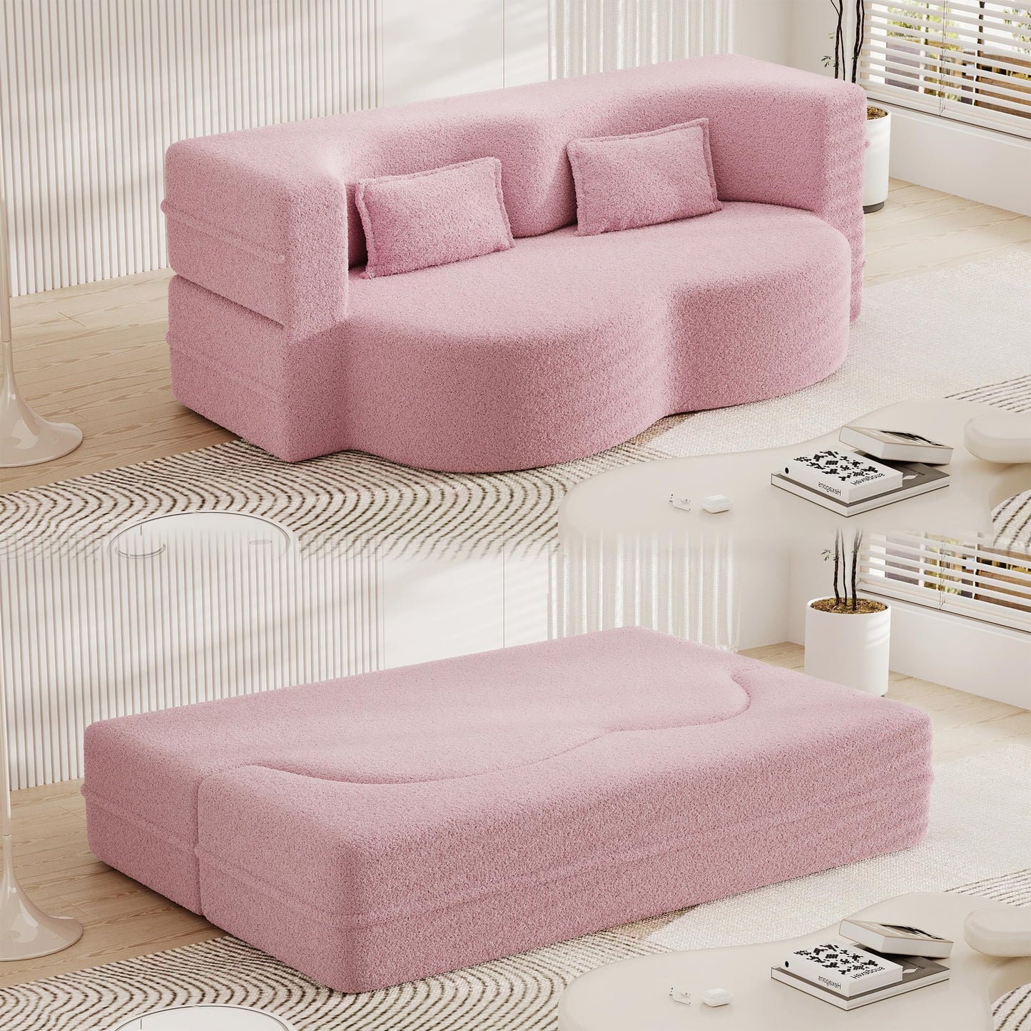 Tmsan 78" Teddy Folding Floor Sofa Couch Bed, Modern Boucle Floor Mattress Full Size, 2 in 1 Convertible Loveseat Sleeper Guest Bed with 2 Pillows for Living Room Apartment Office (Pink)