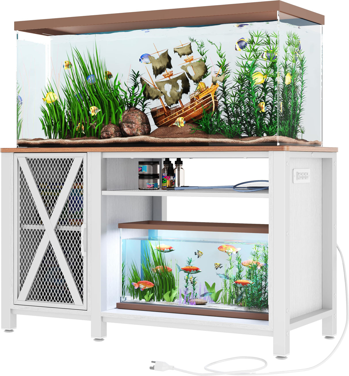 DWVO Heavy Duty Metal Aquarium Stand with Power Outlets, Cabinet for Fish Tank Accessories Storage - Suitable for 55-75 Gallon Fish Tank Stand, Turtle Tank, 860LBS Capacity, White & Walnut DWVO
