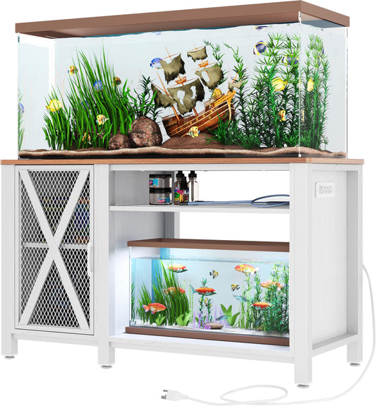 DWVO Heavy Duty Metal Aquarium Stand with Power Outlets, Cabinet for Fish Tank Accessories Storage - Suitable for 55-75 Gallon Fish Tank Stand, Turtle Tank, 860LBS Capacity, White & Walnut