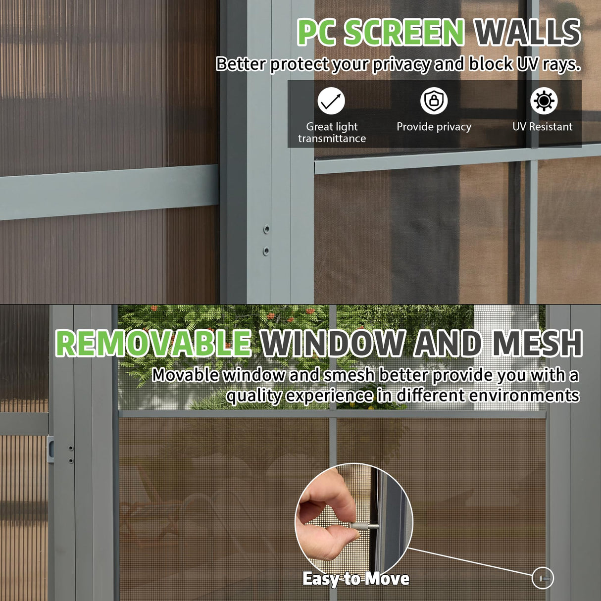 EROMMY 10' x 16' Sunroom, Wall Mounted Gazebo Solarium with Aluminum Frame, Polycarbonate Roof, Permanent Sun Room with Sliding Doors, Lockable PC Screen Walls, Lean to Gazebo for Garden, Patio, Deck EROMMY