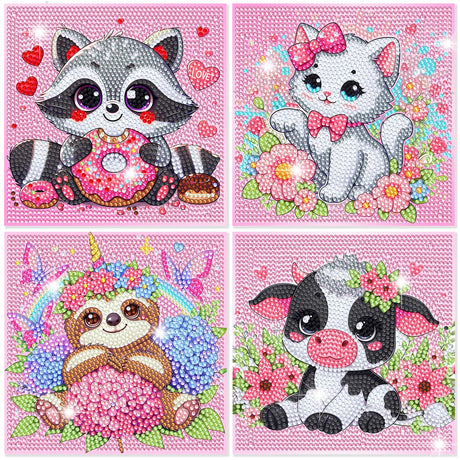 Diamond Art Kits for Kids, 4 Pieces Cartoon Animals Diamond Painting Kits for Adults Beginner, 5D Full Round Drill Gem Art Arts and Crafts for Kid Mosaic Kits for Gift Home Wall Decor Kids 6X6 inch NANZHOO