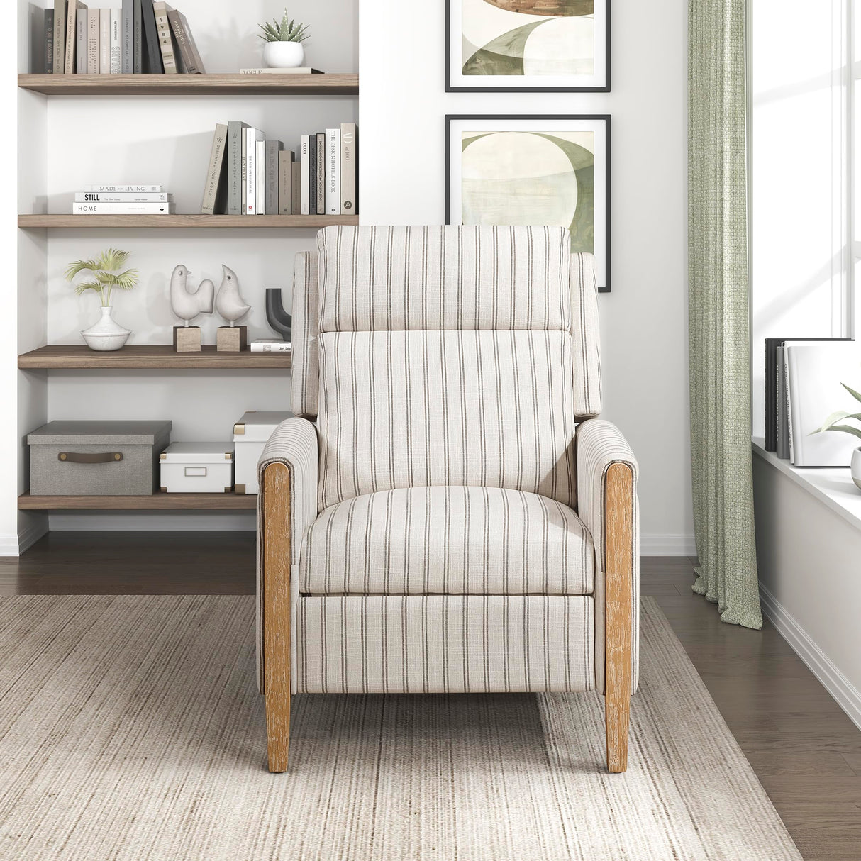 Lexicon Pushback Recliner Chair, Striped Textured Fabric Accent Armchair, Push Back Recliner, Nailhead Trim, Solid Wood Legs, Easy Assembly for Living Room/Office/Apartment, White/Grey Lexicon