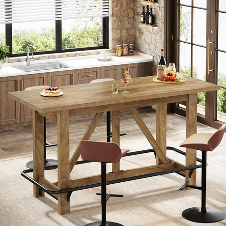 Tribesigns 63" Bar Table, Long Counter Height Pub Dining Table with Footrest, Home Bar Furniture for Bar, Kitchen & Dining Room, Living Room, Brown Tribesigns