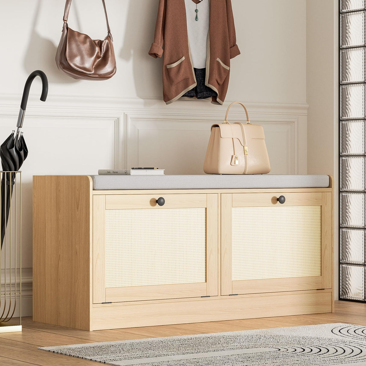 MHOM Rattan Shoe Bench for Entryway, Hallway and Bedroom - Boho Bench With Storage Cabinets and Seat Cushion - Wooden Storage Bench Fits up to Size 16 - Natural Oak MHOM