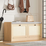 MHOM Rattan Shoe Bench for Entryway, Hallway and Bedroom - Boho Bench With Storage Cabinets and Seat Cushion - Wooden Storage Bench Fits up to Size 16 - Natural Oak MHOM