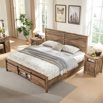 King Farmhouse Wood Bed Frame with Sliding Barn Door Storage - JXQTLINGMU - WoodArtSupply