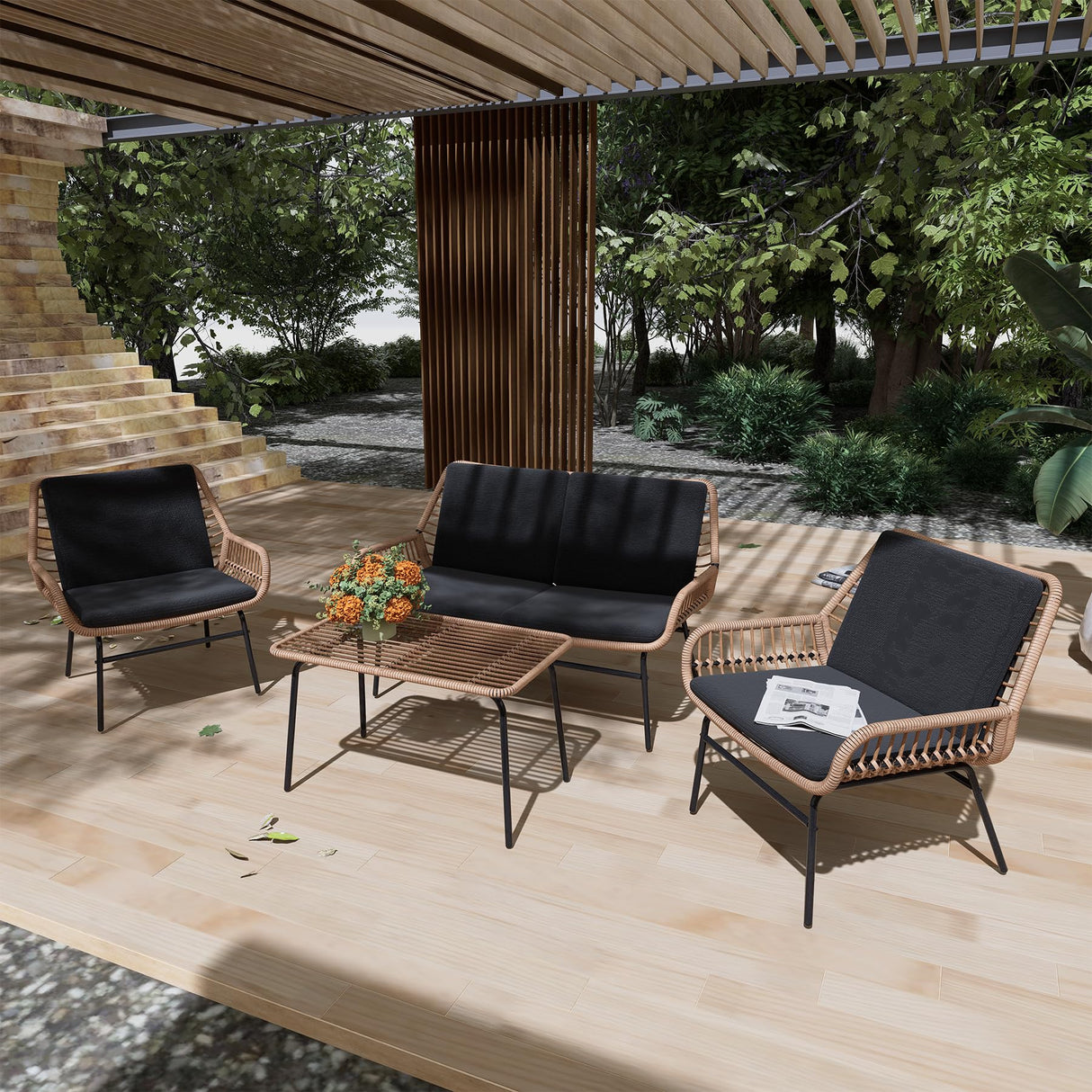 GREEN MORE 4 Piece Outdoor Patio Furniture Set, Rattan Conversation Sets, All-Weather Wicker Chairs with Cushions and Coffee Table, for Garden Balcony Courtyard Poolside GREEN MORE