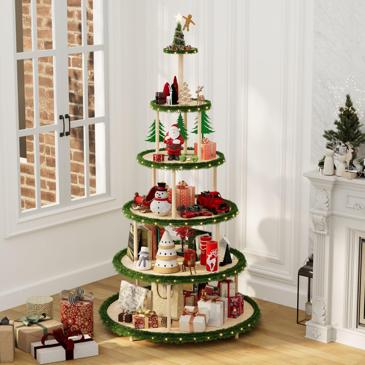 Annzoe 6-Tier 72-Inch Christmas Village Display Stand - Wooden Tree-Style Bookshelf for Holiday Ornaments, Easy Assembly No-Tools-Needed Holder Annzoe