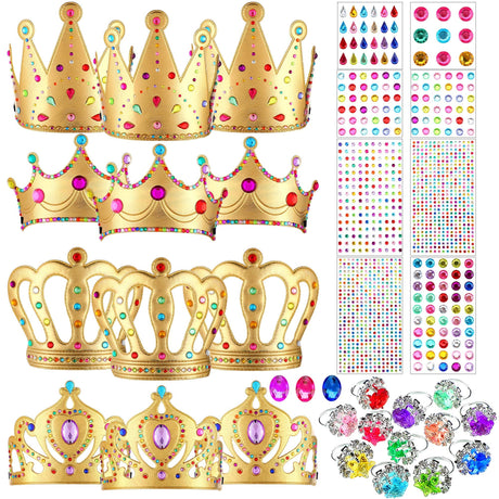 12 Pieces Foam Princess Tiaras Crown 928 Pieces Gem Stickers 12 Gem Rings Craft Making Kits Birthday Party Favors MTLEE