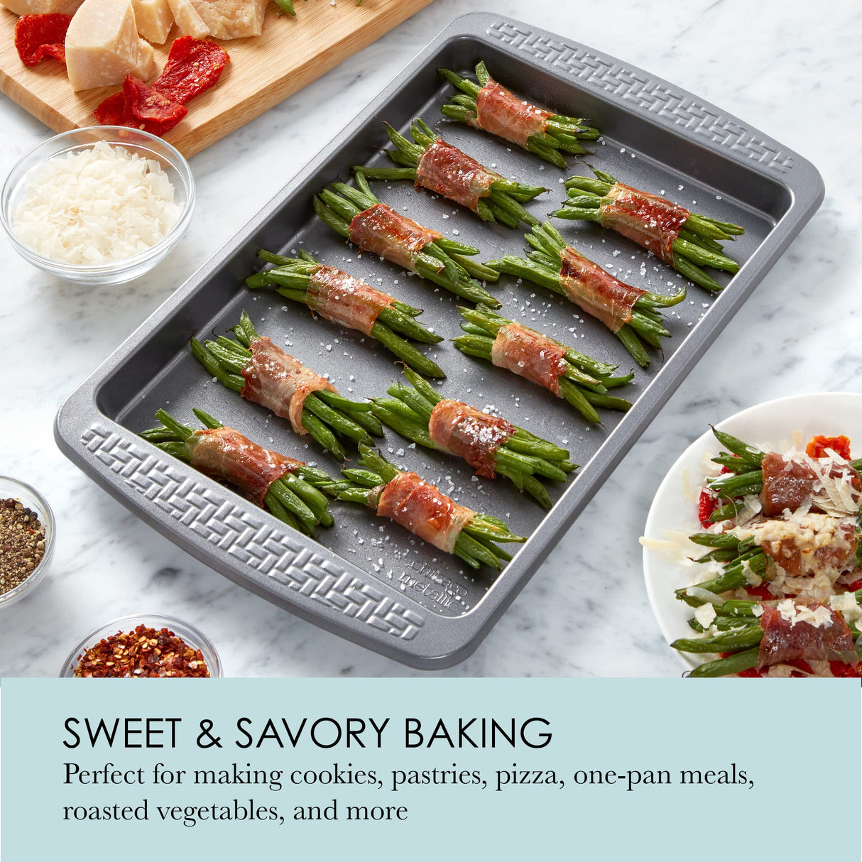 Chicago Metallic Everyday Non-Stick Small Baking Cookie Sheet. Perfect for making cookies, one-pan meals, roasted vegetables, and more Chicago Metallic