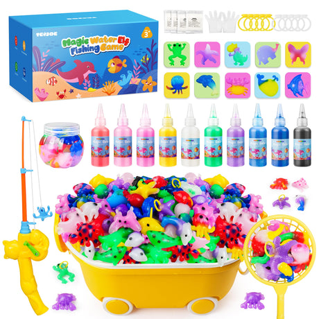 TECJOE Magic Water Elf Toy Kit, DIY Aqua Fairy Water Gel Kit with 10 Molds & 10 Colors, Fishing Game, Includes Storage Case & Display Bottle, Creative Arts & STEM Sensory Toy for Kids TECJOE