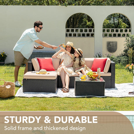 Devoko 5 Pieces Patio Furniture Sets All Weather Outdoor Sectional Patio Sofa Manual Weaving Wicker Rattan Patio Seating Sofas with Cushion and Glass Table(Beige) Devoko