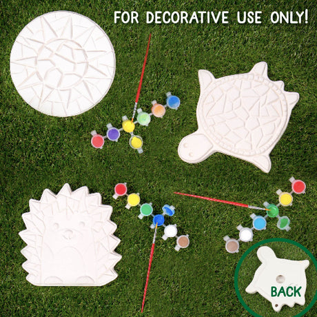 Creative Roots Mosaic Turtle, Hedgehog, & Sun - 3-Pack 7-Inch Ceramic Stepping Stones & 6 Vibrant Paints, Paint Your Own DIY Stepping Stones for Kids Ages 8+ Creative Roots