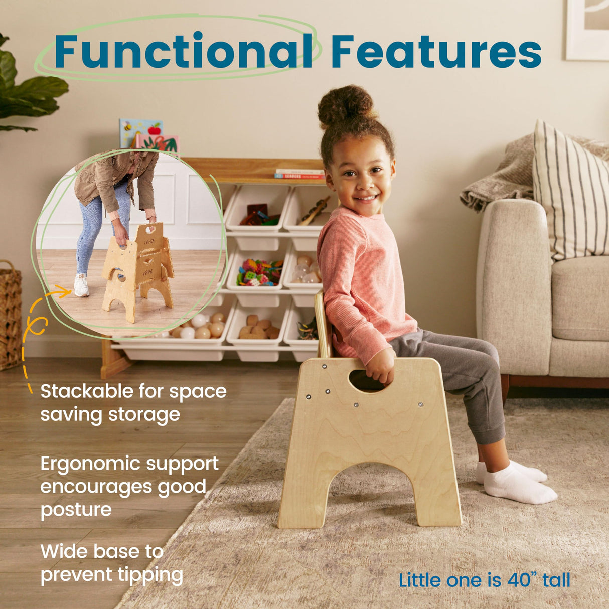 ECR4Kids Stackable Wooden Toddler Chair, 10in, Kids Furniture, Natural, 2-Pack ECR4Kids