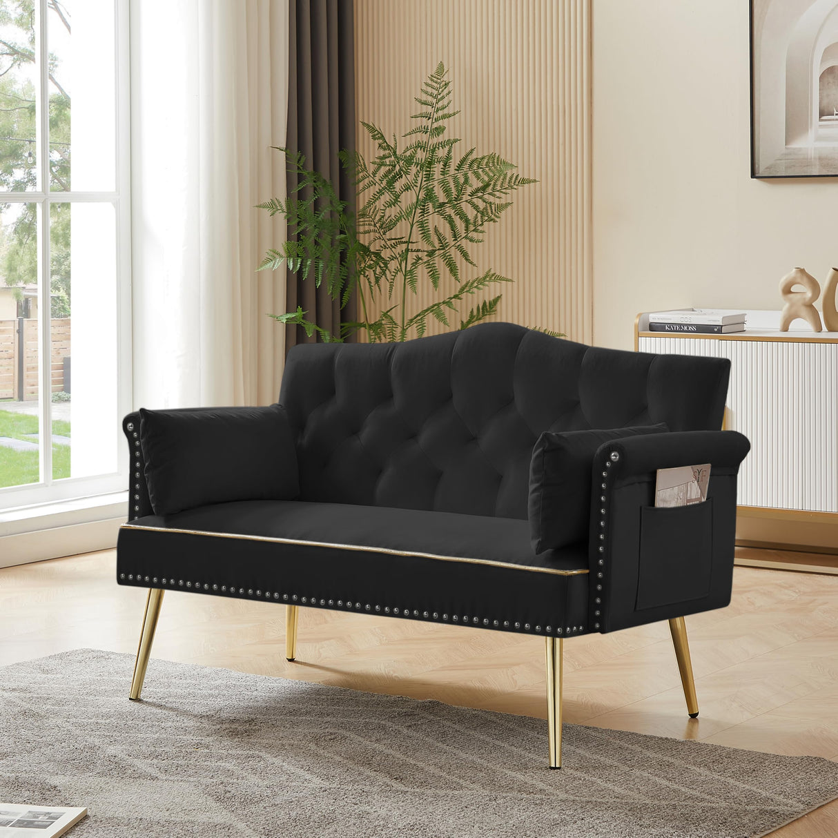 hansones 55-Inch Modern Velvet Loveseat Sofa with Gold Metal Legs & Side Pockets, Tufted Backrest, Perfect for Living Room, Bedroom, or Office (Black) hansones