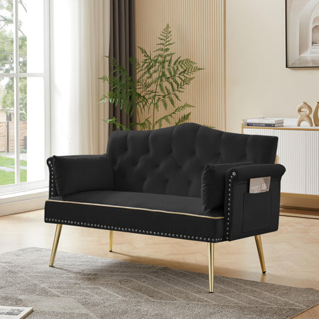 hansones 55-Inch Modern Velvet Loveseat Sofa with Gold Metal Legs & Side Pockets, Tufted Backrest, Perfect for Living Room, Bedroom, or Office (Black) hansones