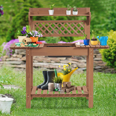Yaheetech Potting Bench Table Outdoor Garden Horticulture Wooden Workstation Benches w/Sliding Tabletop/Removable Sink/Storage Shelf for Patio, Garden Furniture Wood Workstation,Brown Yaheetech