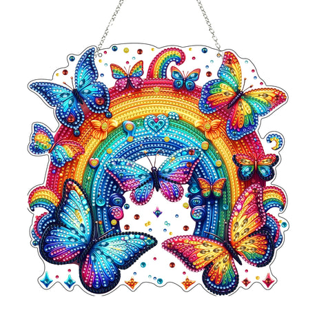 JJFox Diamond Art Hanging Kit for Adult,Special Shaped Rhinestone,DIY Acrylic 5D Diamond Art Painting Window Pendants Home Garden Wall Hanging Kits Hanging Ornament (Rainbow Butterfly) JJFox