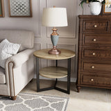 LEEMTORIG Round End Table with Storage, Farmhouse Circle Side Table for Living Room, Solid Wood 2-Tier Nightstand, Natural Wood Tabletop & Black Metal Frame, 25.2" D x 24" H, CJZ-1338 LEEMTORIG