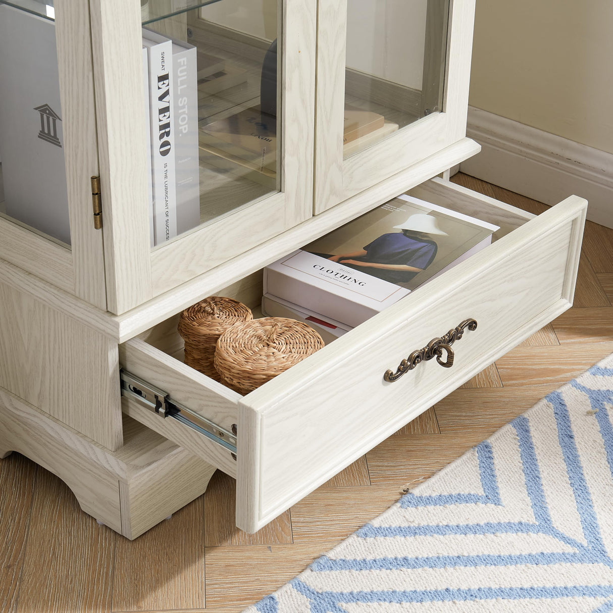 Curio Cabinet with Glass Doors Drawer, Lighted Display Cabinet with Adjustable Glass Shelves and Mirrored Back Panel, Retro Floor Standing Glass Storage Cabinet for Living Room, Antique White BAOMKONG