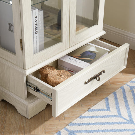 Curio Cabinet with Glass Doors Drawer, Lighted Display Cabinet with Adjustable Glass Shelves and Mirrored Back Panel, Retro Floor Standing Glass Storage Cabinet for Living Room, Antique White BAOMKONG